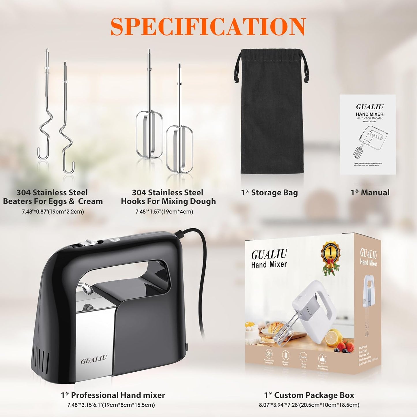 450W Electric Hand Mixer with 5 Speeds & Stainless Steel Attachments