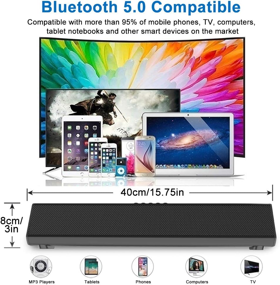 Portable Bluetooth Sound Bar with 3D Surround Sound & Remote Control