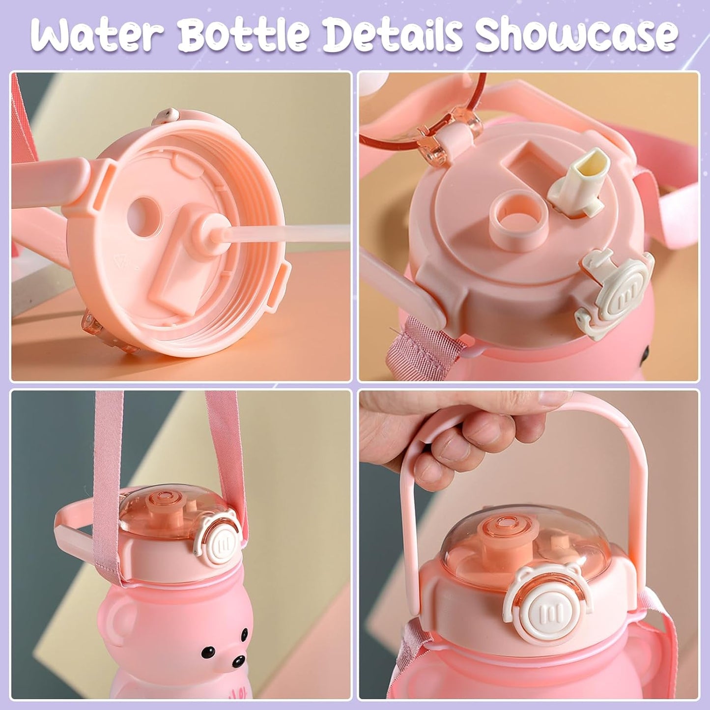 32oz Cute Bear Water Bottle with Straw & Shoulder Strap