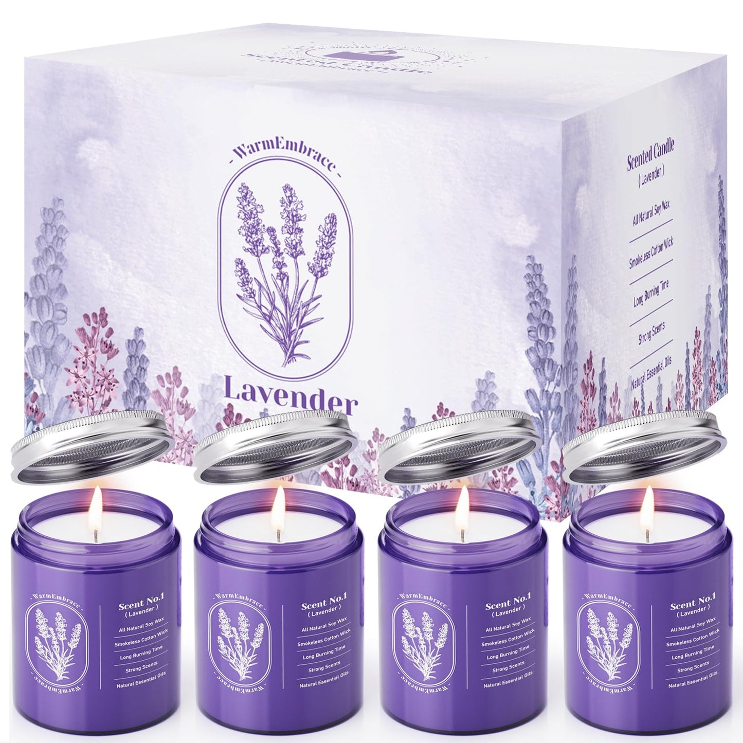 4-Pack Lavender Scented Candles in Purple Glass Jars
