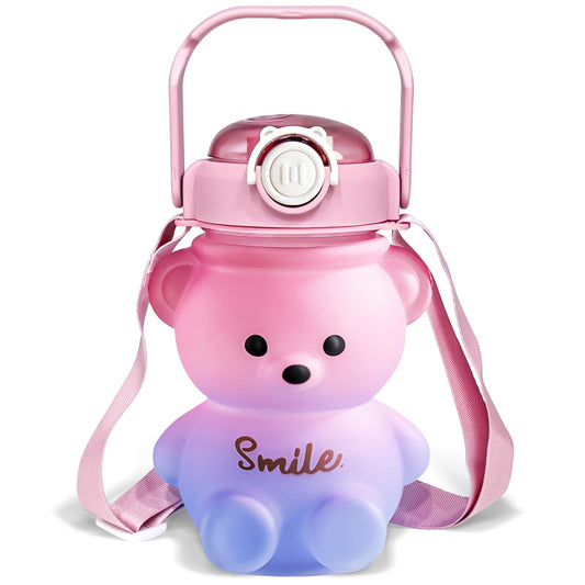 32oz Cute Bear Water Bottle with Straw & Shoulder Strap