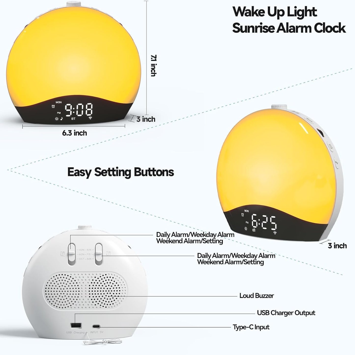 Sunrise Alarm Clock with White Noise, Bluetooth & Color Night Light