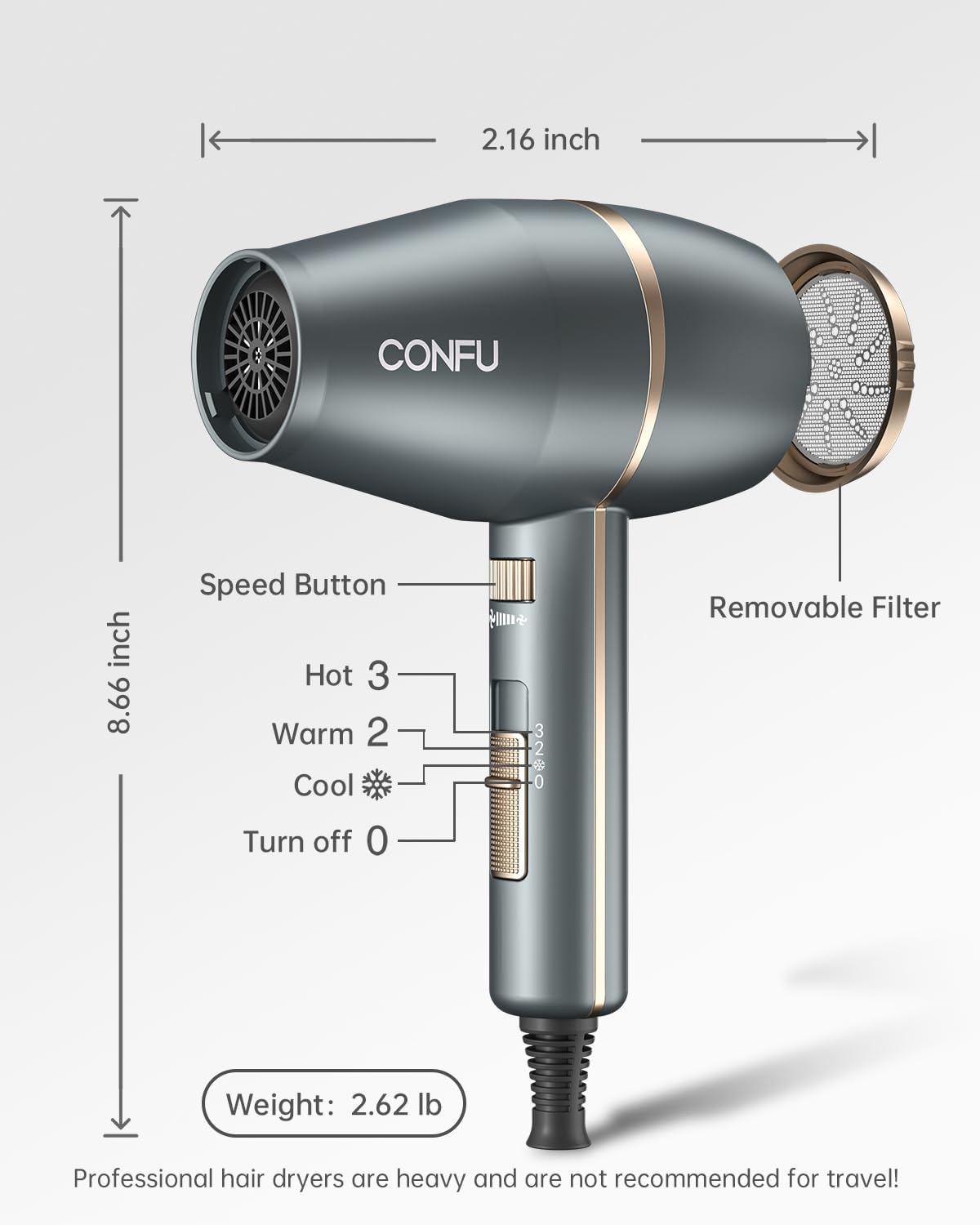 1875W Ionic Hair Dryer with Diffuser & Styling Attachments