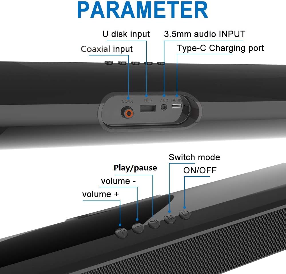 Portable Bluetooth Sound Bar with 3D Surround Sound & Remote Control