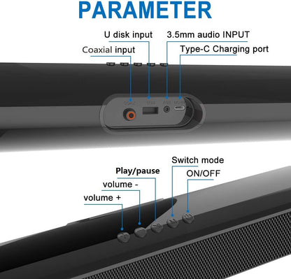 Portable Bluetooth Sound Bar with 3D Surround Sound & Remote Control