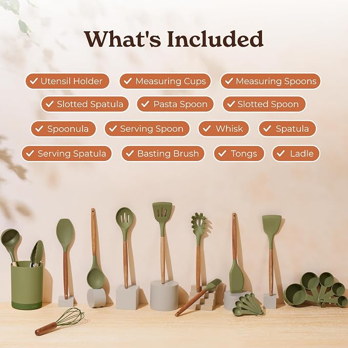 22-Piece Silicone Kitchen Utensils Set with Acacia Wood Handles & Holder