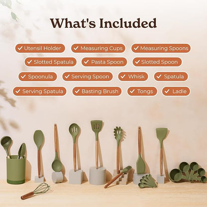 22-Piece Silicone Kitchen Utensils Set with Acacia Wood Handles & Holder