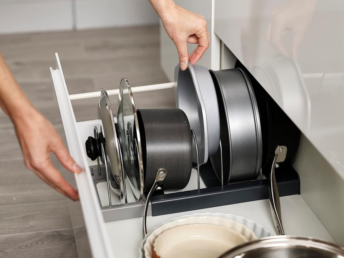 Expandable Kitchen Cookware & Pan Lid Drawer Organizer