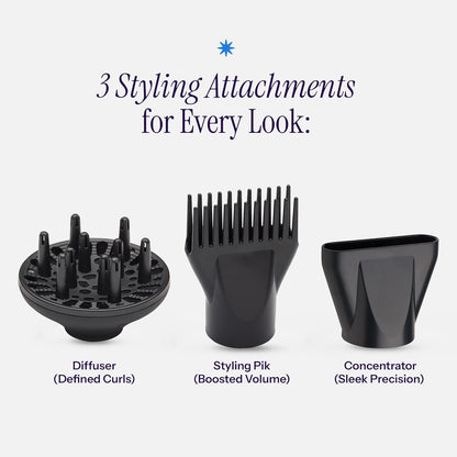 Turbo Ceramic Ionic Hair Dryer with 3 Styling Attachments