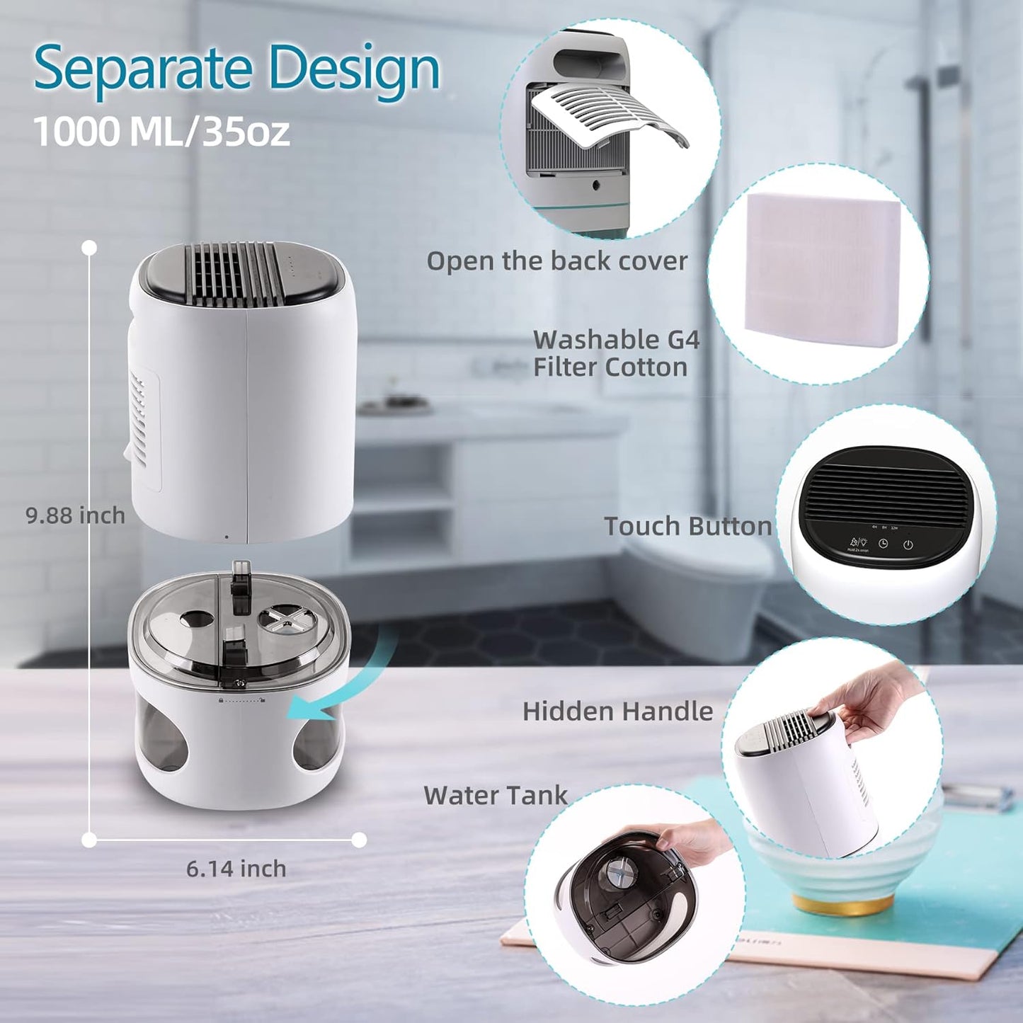 1000ml Mini Dehumidifier with Air Purifier & 7-Color LED Light