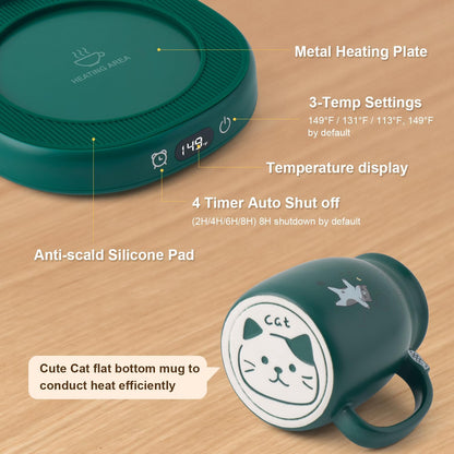 Coffee Mug Warmer Set with Cute Cat Mug & Auto Shut-Off