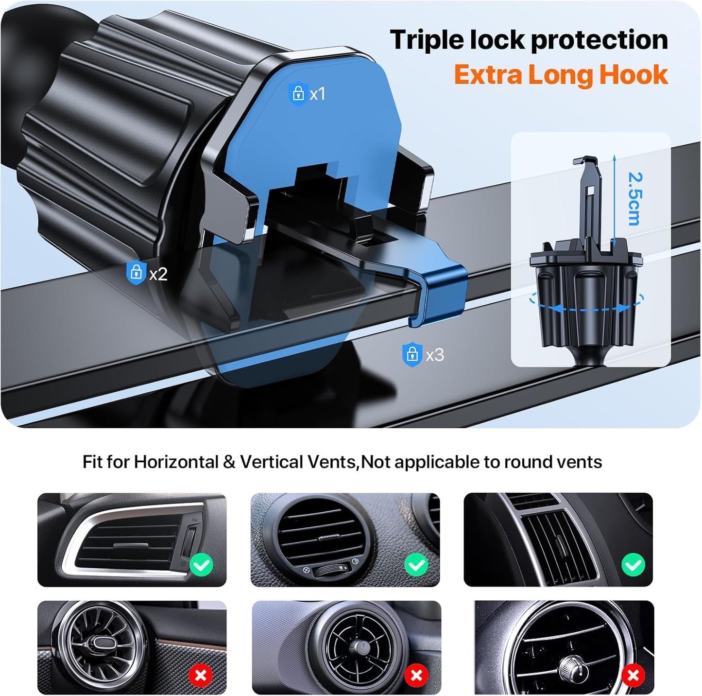 Universal Air Vent Car Phone Holder with Metal Hook Clip