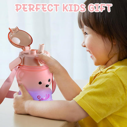 32oz Cute Bear Water Bottle with Straw & Shoulder Strap