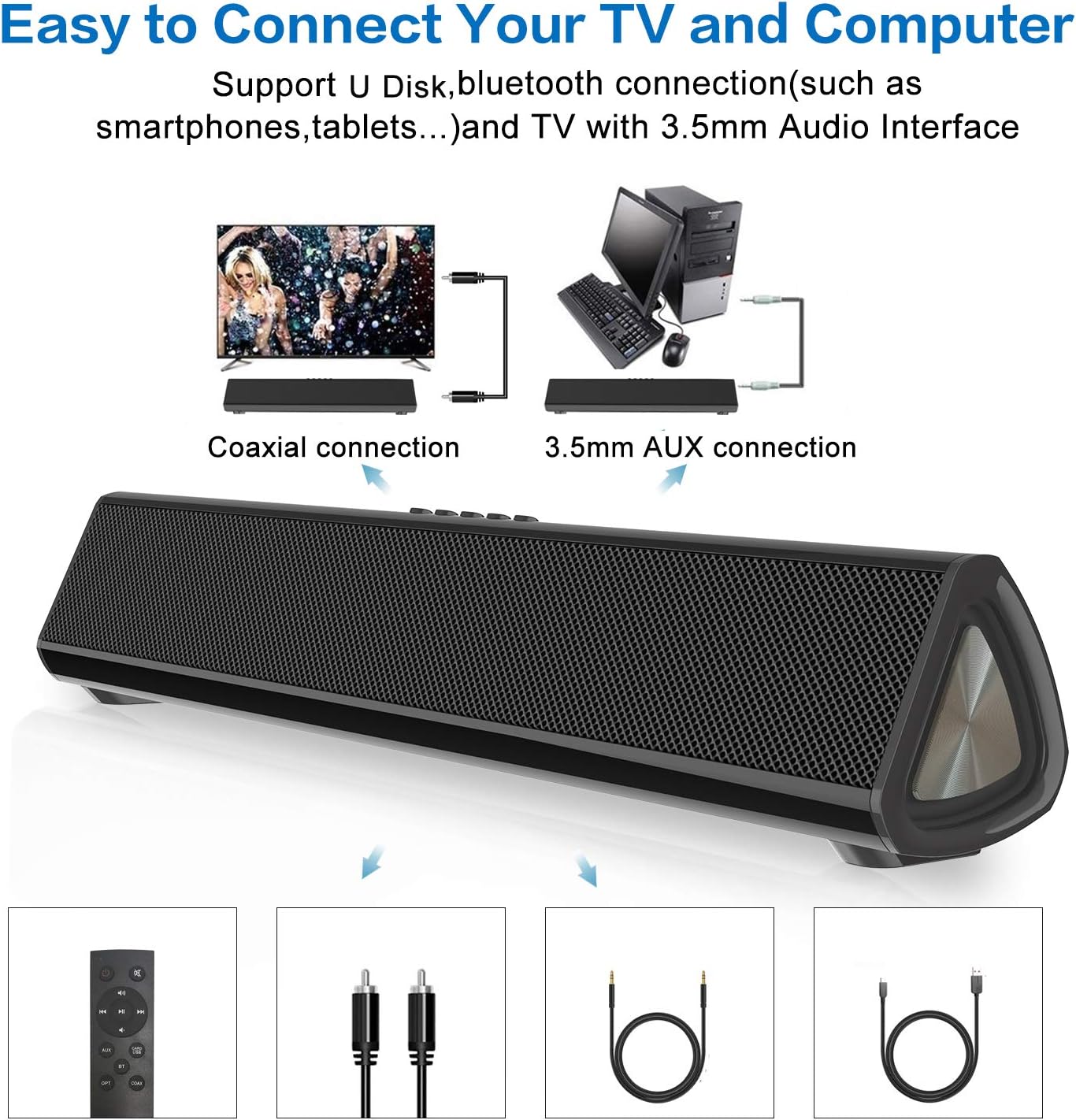 Portable Bluetooth Sound Bar with 3D Surround Sound & Remote Control