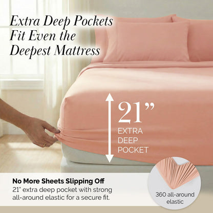 King Size Pleated Microfiber Sheet Set with 21-Inch Extra Deep Pockets