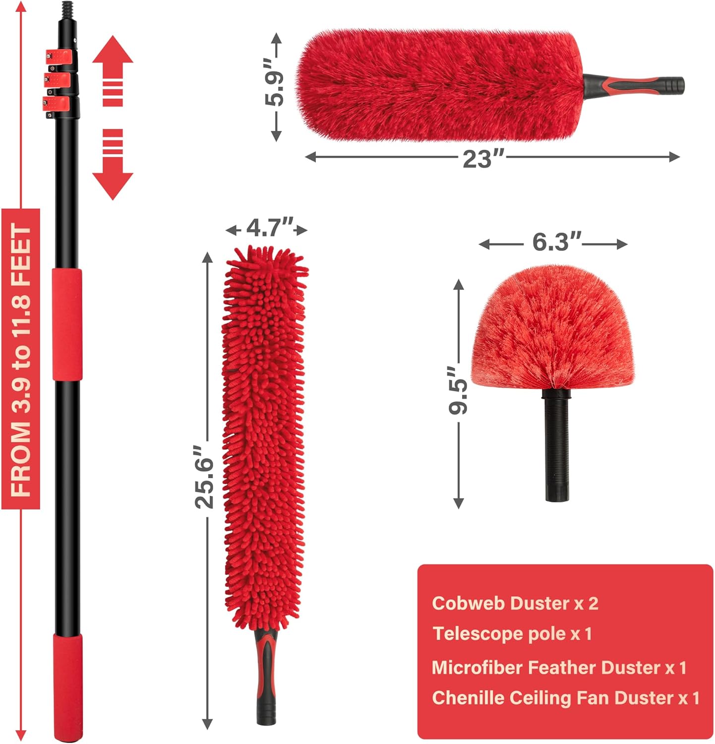 24 ft Extendable Cleaning Pole with Cobweb & Fan Duster Tools