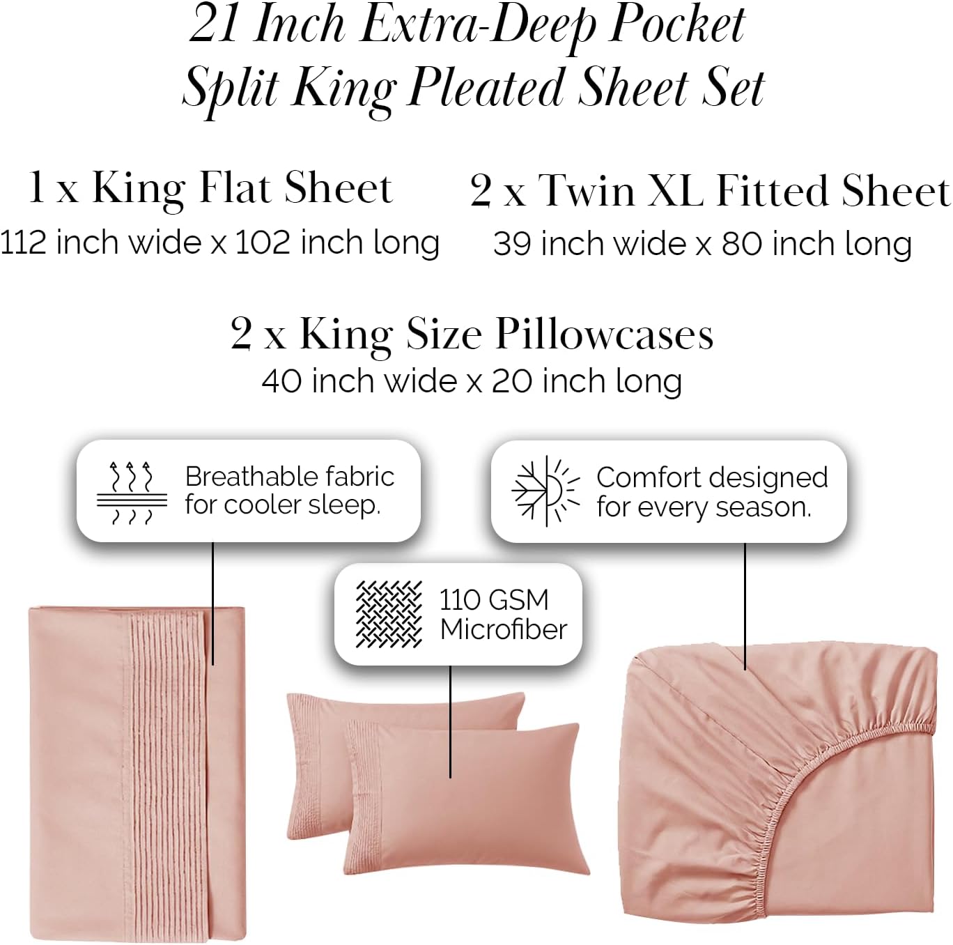King Size Pleated Microfiber Sheet Set with 21-Inch Extra Deep Pockets