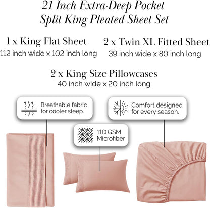 King Size Pleated Microfiber Sheet Set with 21-Inch Extra Deep Pockets