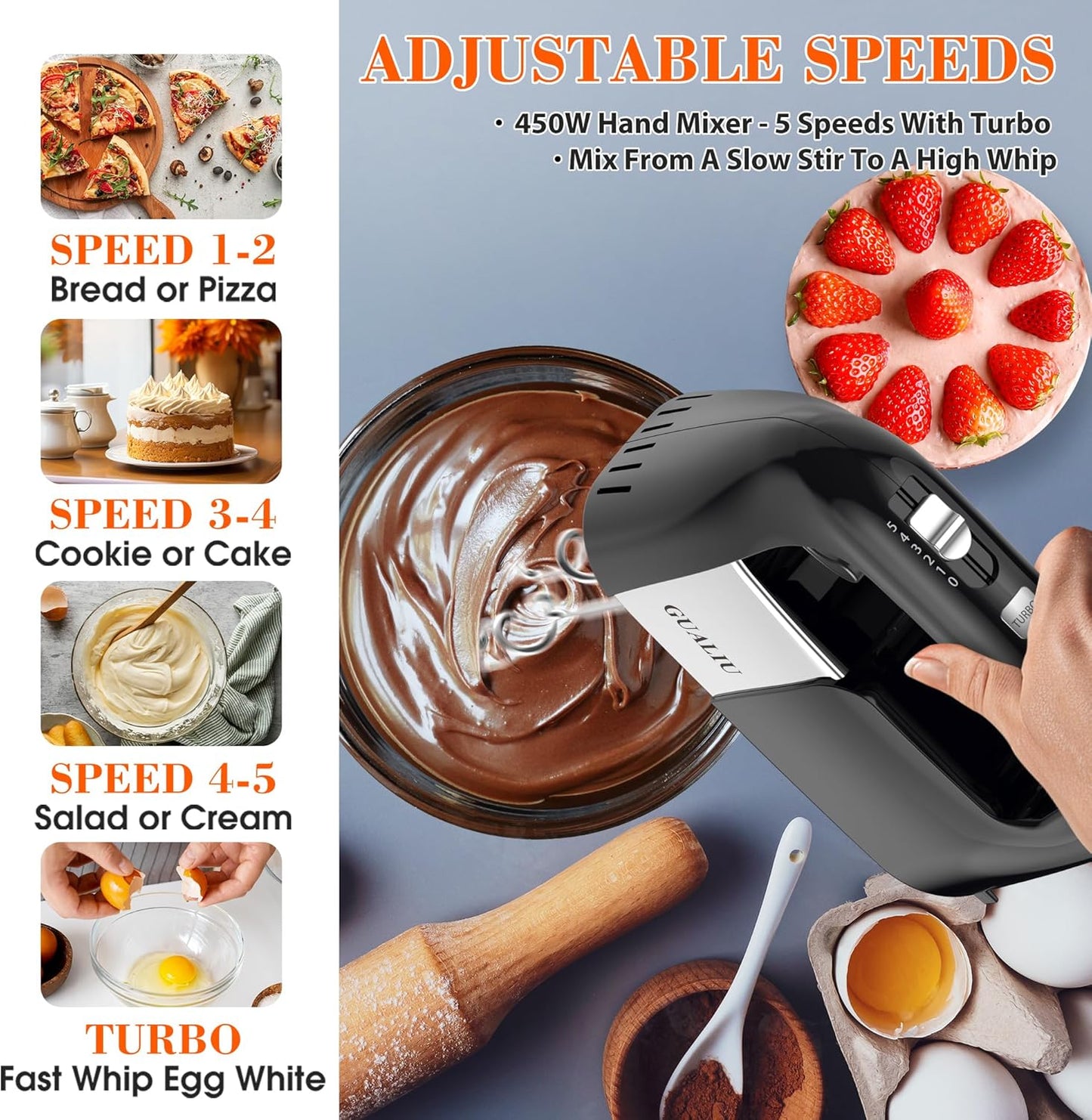 450W Electric Hand Mixer with 5 Speeds & Stainless Steel Attachments