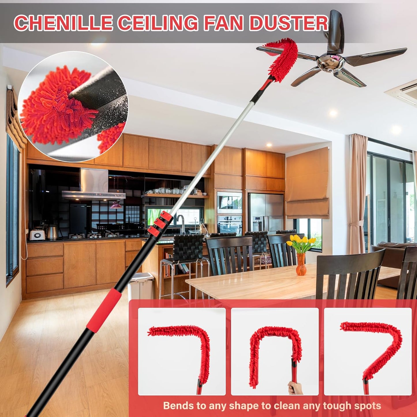 24 ft Extendable Cleaning Pole with Cobweb & Fan Duster Tools