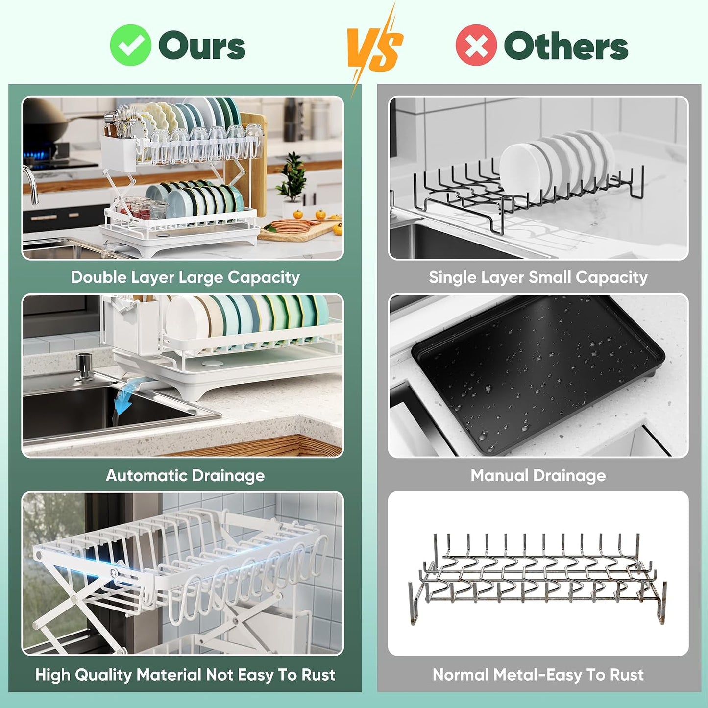 2-Tier Collapsible Dish Drying Rack with Drain Board