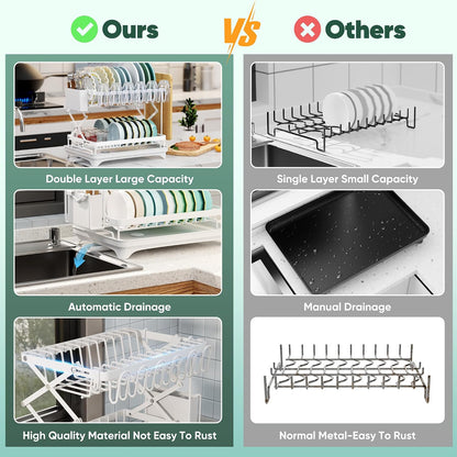 2-Tier Collapsible Dish Drying Rack with Drain Board
