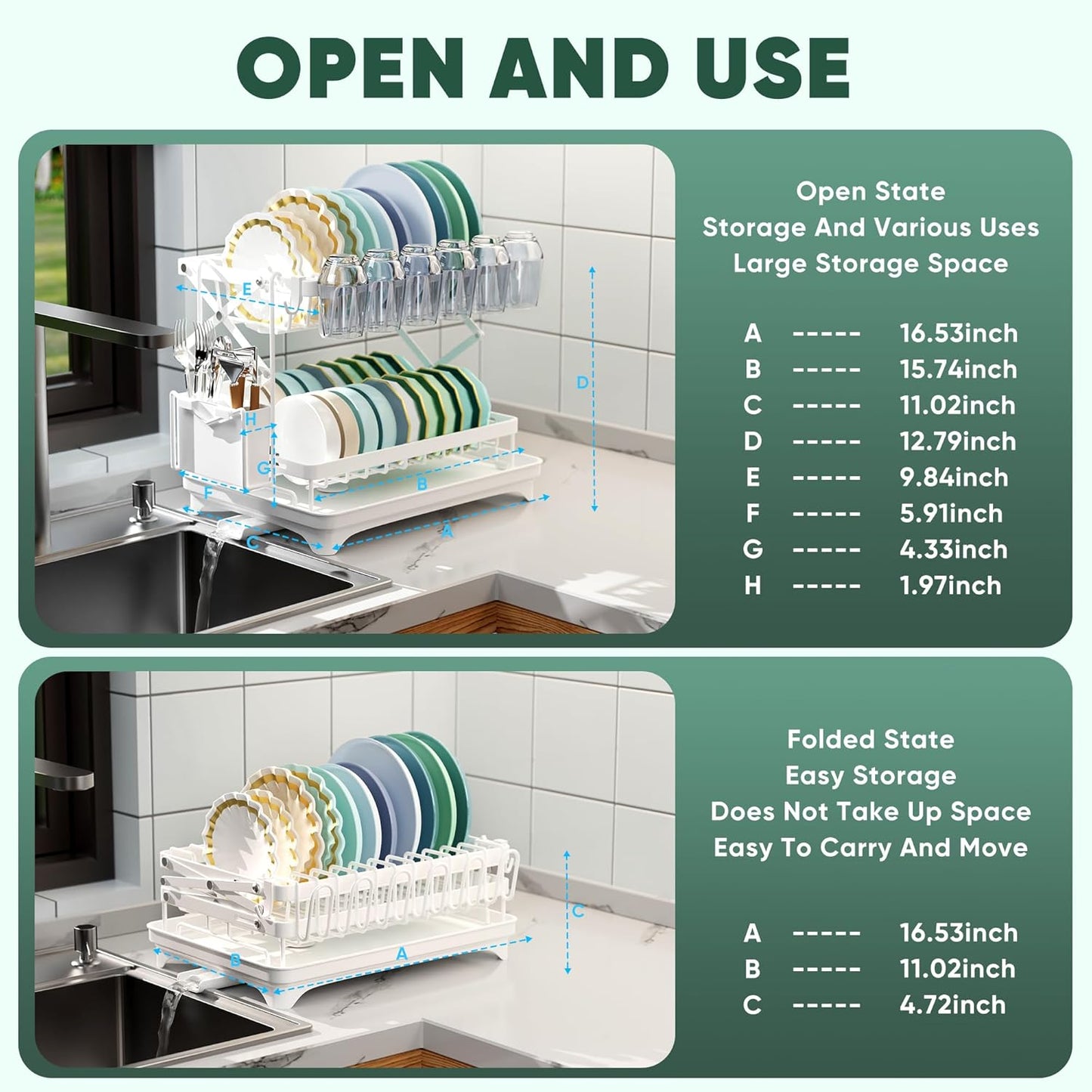 2-Tier Collapsible Dish Drying Rack with Drain Board