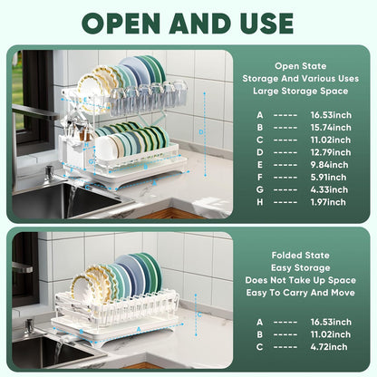 2-Tier Collapsible Dish Drying Rack with Drain Board