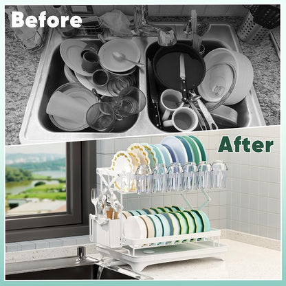 2-Tier Collapsible Dish Drying Rack with Drain Board