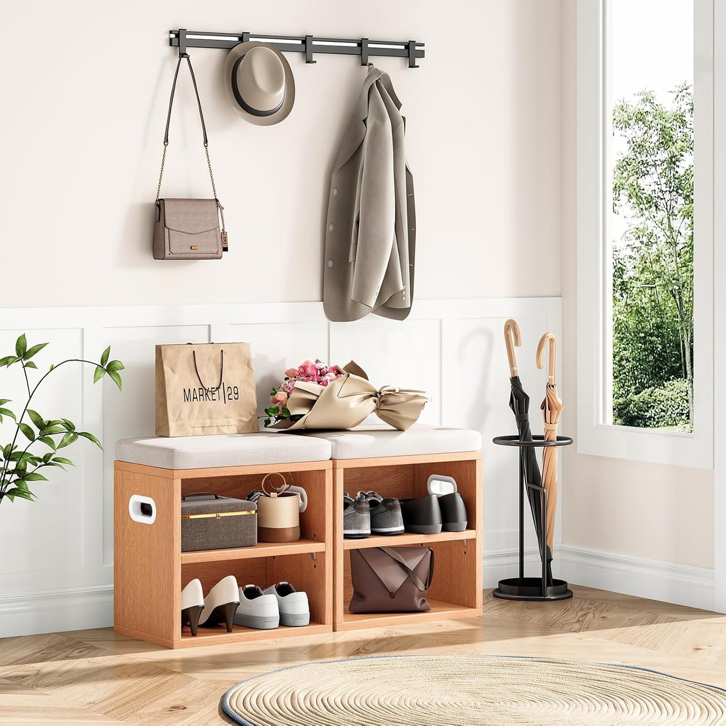 Small Entryway Shoe Bench with Cushion & Storage