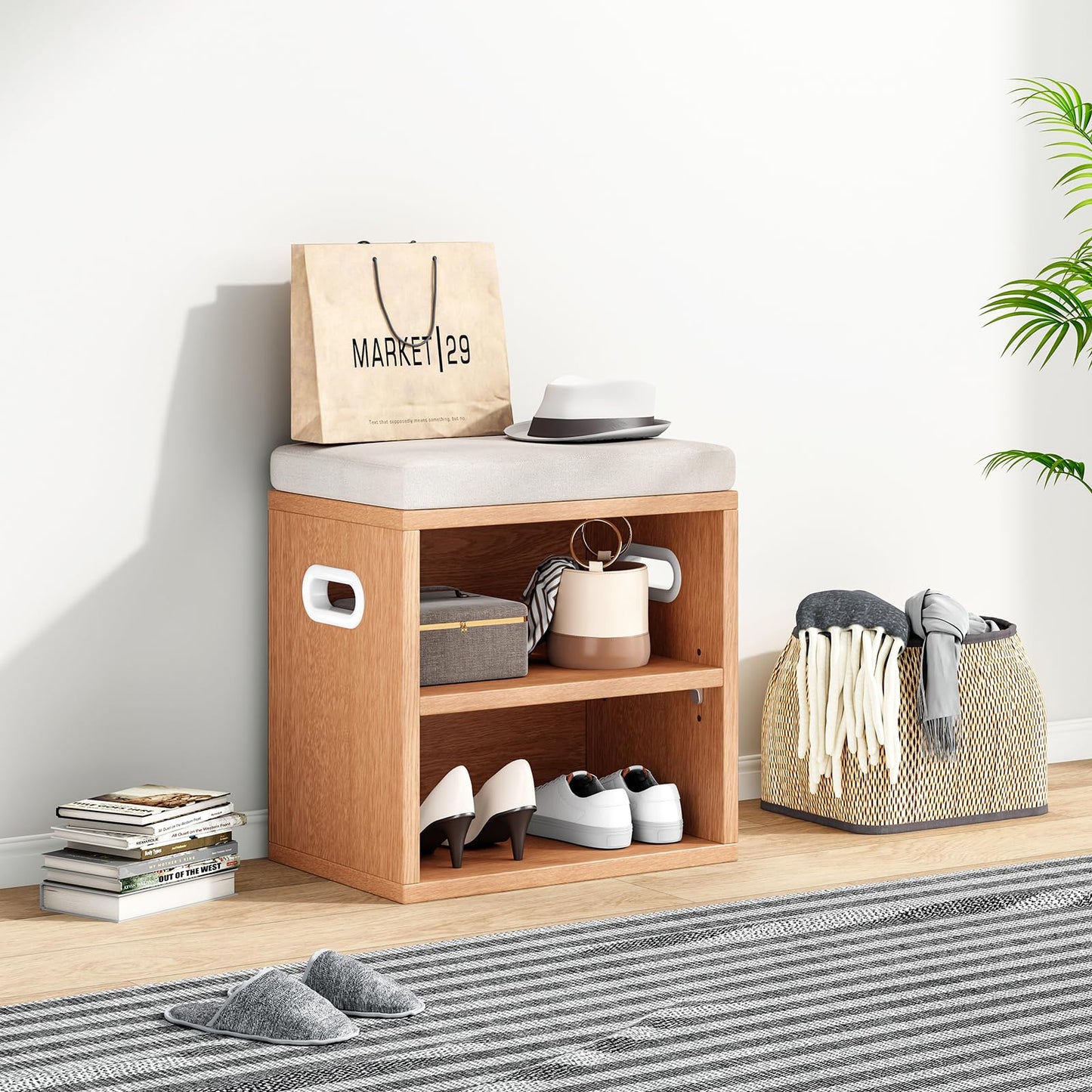 Small Entryway Shoe Bench with Cushion & Storage